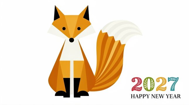Geometric fox vector for 2027 Happy New Year. Stylized low-poly animal design on white background. Festive holiday graphic for calendar and greeting card marketing.