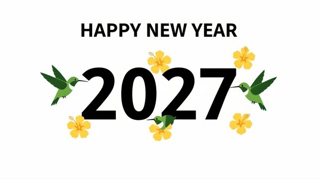 Happy New Year 2027 text with hummingbird and flower graphics. Festive nature-themed illustration on clean white background. Tropical celebration concept, ideal for holiday cards and social media.