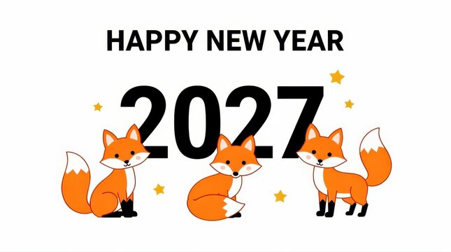 Three cute cartoon foxes with Happy New Year 2027 text. Flat vector illustration with stars on white background. Festive holiday concept for greeting cards and commercial marketing.