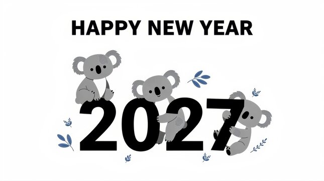 Happy New Year 2027 illustration with cute cartoon koalas on a white background. Minimalist graphic design featuring stylized numbers and blue leaf accents. Festive wildlife holiday concept.