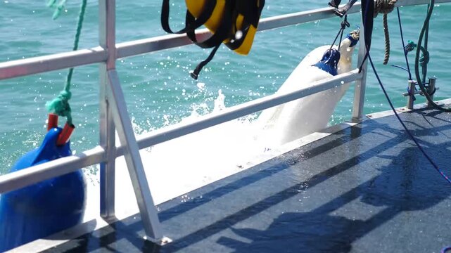 Yellow-red life jackets and blue buoys hanging on metal railing of fast moving ship deck. Splashing ocean water. Nautical safety equipment on boat cruise 4k video