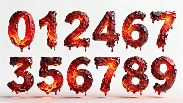 Complete set 3D numerals 0‑9 with molten lava effect, melting dripping magma fire font, decorative number elements on white background