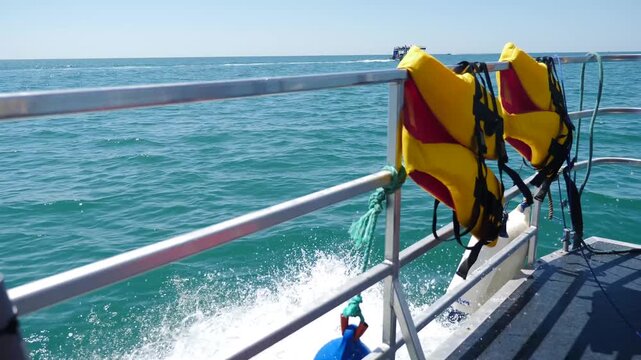 yellow and red life jackets hanging on stainless steel railing of moving boat. ocean water splashing against hull under bright clear sky. Nautical safety and maritime travel adventure atmosphere. 4 k