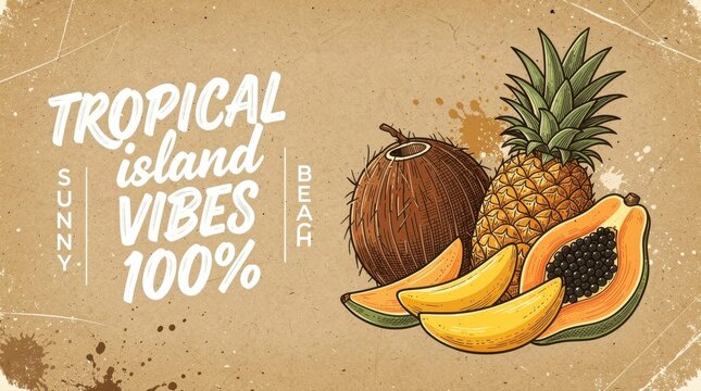 Vintage tropical fruit illustration with pineapple, coconut, and papaya on kraft paper. Retro sketch style featuring island typography. Exotic summer theme ideal for posters and menu designs.
