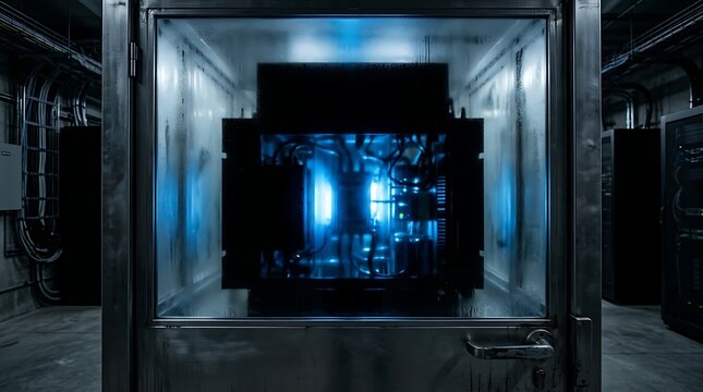 Futuristic quantum computer core glowing with blue light inside a metallic industrial server cabinet