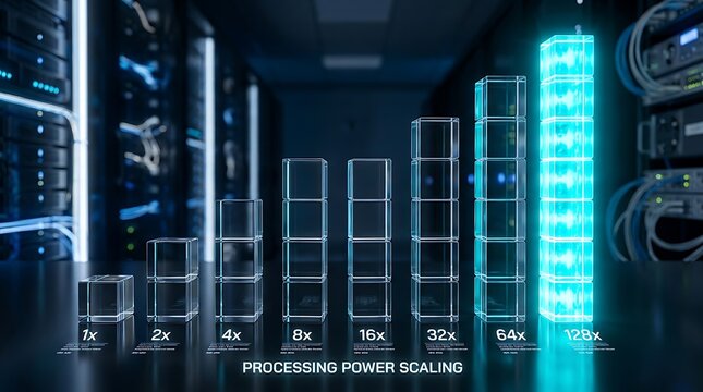 Dynamic visualization of exponential processing power scaling from 1x to 128x within a futuristic server room, illustrating advanced data center capabilities and technological growth