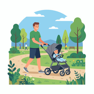 A father pushing his baby in a stroller.