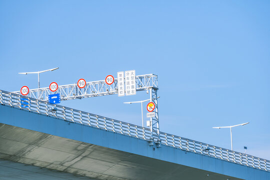 Traffic signs on the cross-sea bridge of the Shenzhen-Zhongshan Link in Zhongshan, China.