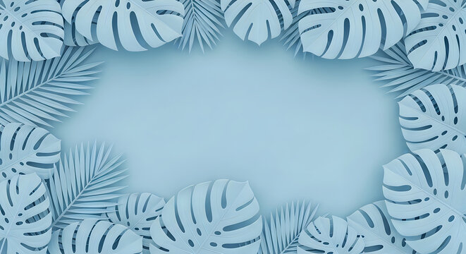 A beautiful frame made of tropical monstera leaves on a soft pastel blue background with empty space for your text