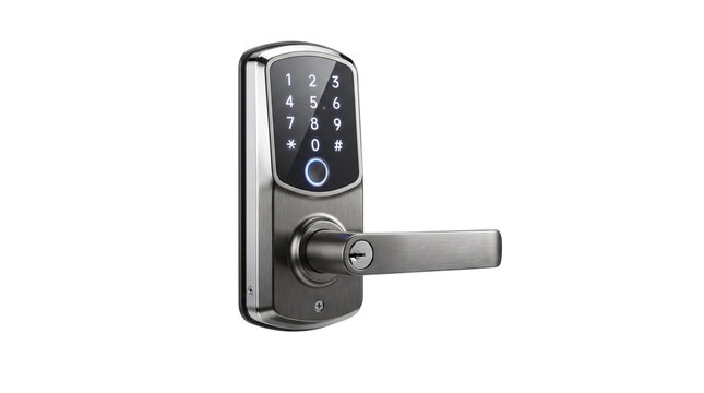 Modern smart door lock with fingerprint scanner, electronic keypad handle for home security, biometric keyless entry system isolated PNG with Transparent Background