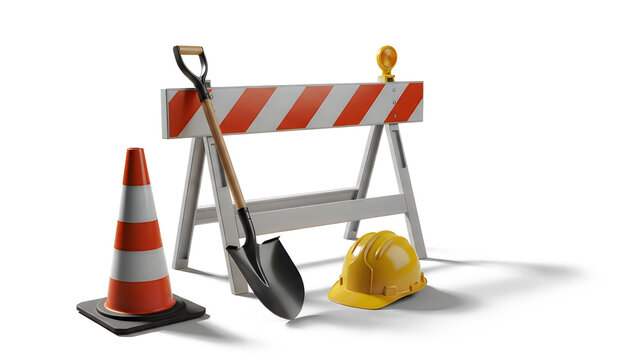 Construction site safety equipment. Road barrier with traffic cone, shovel and hard hat.