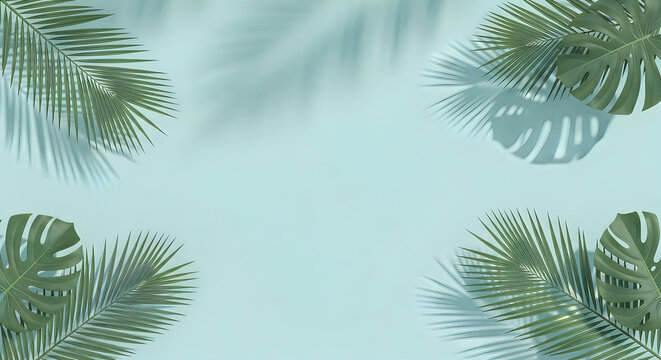 A beautiful tropical background featuring green palm leaves and monstera foliage with soft shadows on a light blue pastel surface