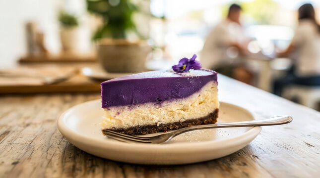 Creamy layered purple cheesecake slice on a ceramic plate, finished with powdered sugar and a delicate edible flower in a cafe setting.