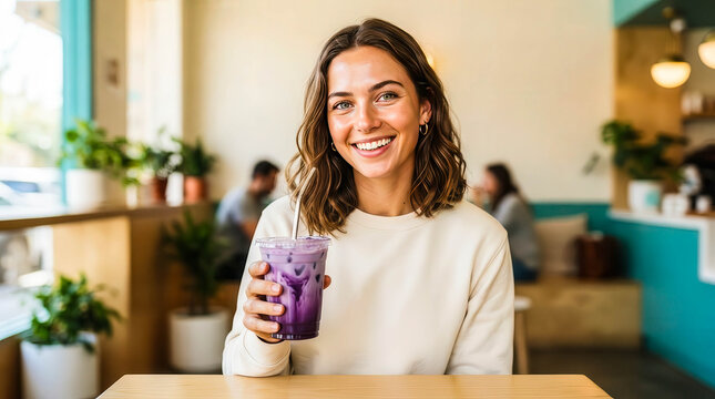 Smiling cafe customer holds a vibrant purple berry drink while seated at a bright table, creating a cheerful modern lifestyle scene.