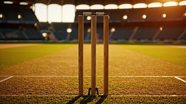 Cricket stumps on grass pitch at sunset stadium.