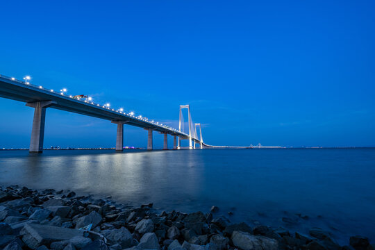 Night view of the Zhongshan Bridge, part of the Shenzhen-Zhongshan Link in Zhongshan, China.