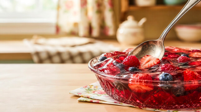 Glossy red berry jelly topped with raspberries, blueberries and strawberries in a vintage glass bowl, with spoon and generous copy space.