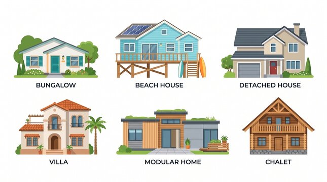 Set of suburban buildings in flat style. Isolated clip art on white background for vacation, eco-living, architecture, rural concepts. Bungalow, beach and detached houses, villa, modular home, chalet.