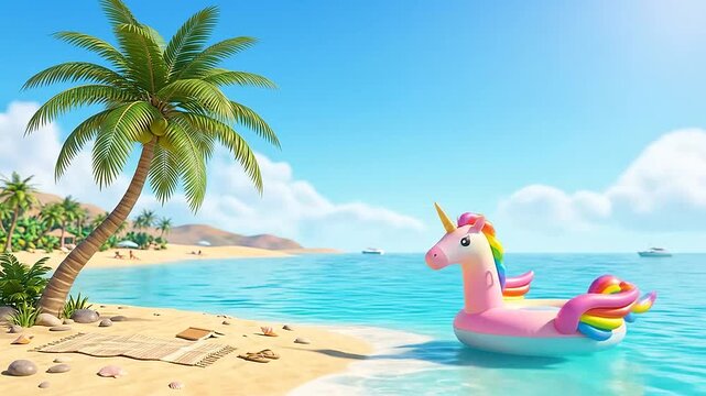 A colorful inflatable float rests in the calm tropical ocean water