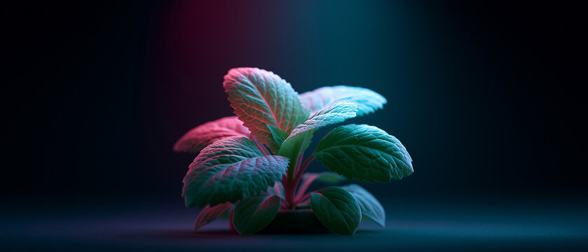 Mint leaf plant with dramatic pink and teal duotone lighting, macro botanical photography on dark background