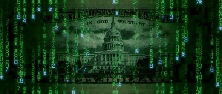 Electronic Cash Concept with Fifty Dollar Bill made up of Animated Numbers and Symbols. Modern Banking Background.