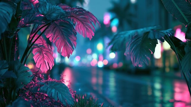 Tropical leaves in neon light against a blurred bokeh city street at night