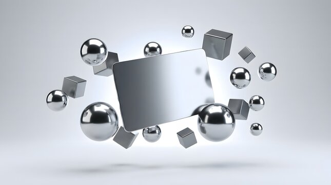 A high quality 3d rendered blank rectangular frame mockup surrounded by floating chrome spheres and metallic geometric cube shapes