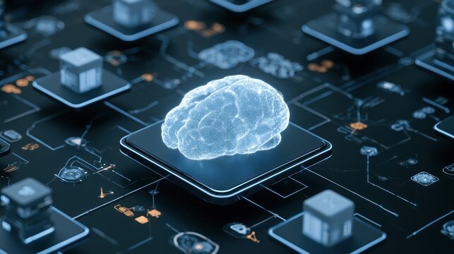 Abstract glowing digital brain hovering over circuit board with data nodes