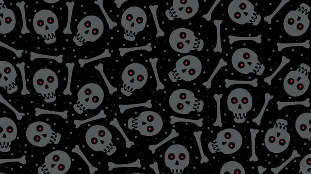 A 4K seamless looping Halloween animation featuring a scattered toss pattern of dark grey skulls with glowing red eyes, bones, and dots on a black backdrop. Ideal spooky motion background.
