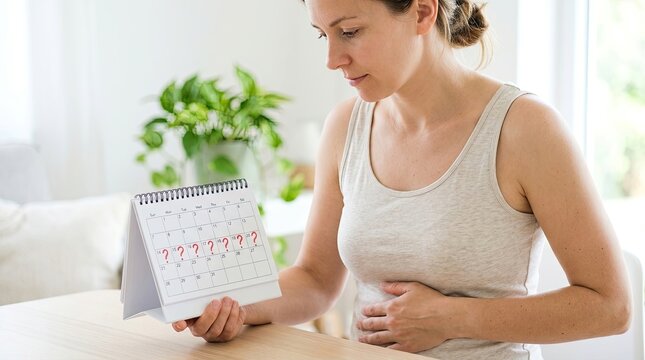 Woman concerned about menstrual cycle uncertainty holding calendar with question marks with indicating uncertainty appointment discomfort gestation fertility womanhood expecting ovulation pain