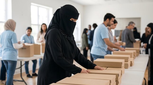 Muslim Woman Wearing Niqab Volunteering at Food Distribution Center Packing Boxes