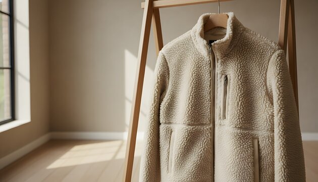 Cozy cream fleece jacket on wooden coat rack inside a bright minimalist room with soft sunlight shadows for sustainable autumn apparel display and casual lifestyle concept
