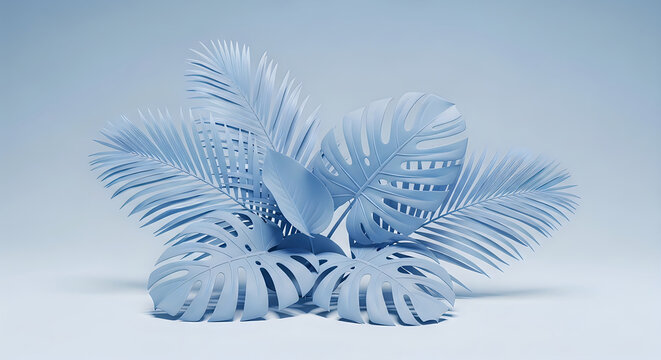 A beautiful arrangement of light blue tropical palm leaves isolated on a soft pastel blue background for creative design projects