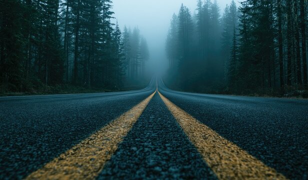 Foggy forest road with yellow lines vanishing into mist