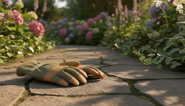 Protective leather garden gloves resting on stone path in a blooming backyard for spring landscaping and home horticulture work concept in golden sunlight