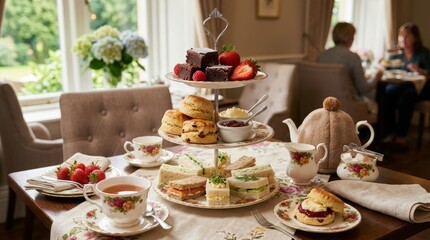Fototapeta premium Elegant Afternoon Tea Setting with Assorted Pastries and Fresh Berries.