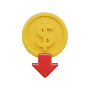 3D gold dollar coin with red downward arrow, financial loss and market crash concept, economic inflation and price drop icon on white background