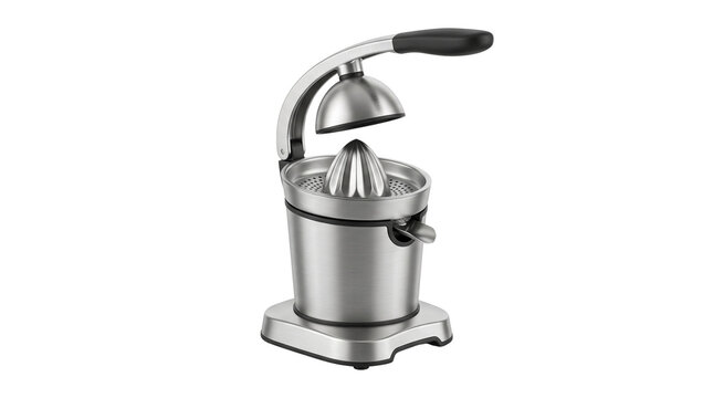 Professional stainless steel citrus juicer, manual lever orange squeezer, heavy duty chrome fruit press for kitchen isolated PNG with Transparent Background
