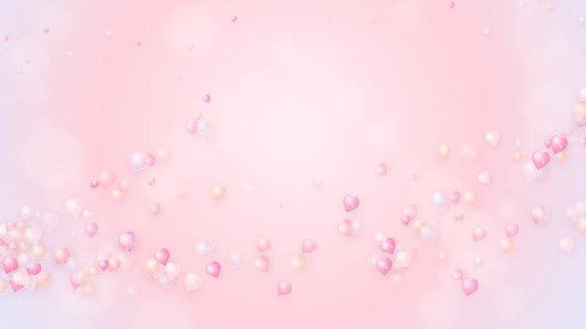 Dreamy abstract motion of pink floating hearts and soft bokeh lights on a pastel background creates a romantic atmosphere for wedding celebrations