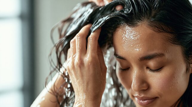 Close-up beauty photography of a Japanese woman massaging her scalp with her fingertips while shampooing under running water, smooth glossy black hair, soft natural window light 