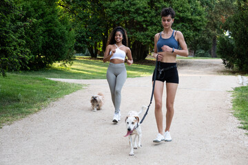 Obraz premium Two women jogging with their dogs on a path in a lush green park