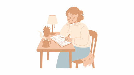 Fototapeta premium Cozy Woman Writing in a Journal at a Wooden Desk with a Warm Cup of Tea and Lamp for Daily Reflection and Mindful Planning Illustration