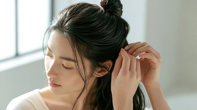 Close-up beauty photography of a Korean woman tucking a small hair ornament into her styled hair with careful fingers, smooth glossy black hair, soft natural window light 