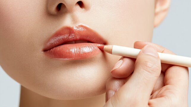Extreme close-up beauty photography of a Japanese woman carefully lining her lips with a lip liner pencil held steady in one hand, soft smooth lip texture, soft studio lighting 