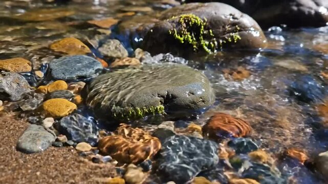 Tranquil Water Flowing Around Smooth Rocks in a Clear River Creating Nature's Peaceful Landscape
