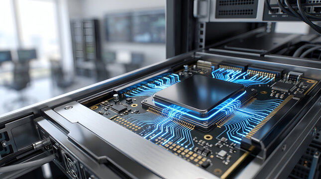 Microprocessor chip on motherboard with luminous electrical pathways in modern data center server