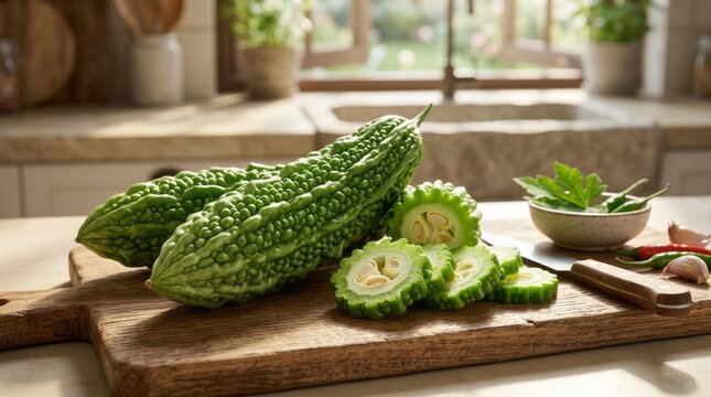 Freshly sliced bitter melon arranged on a wooden cutting board in kitchen.