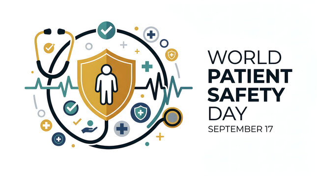 World patient safety day banner design with shield medical icon and stethoscope, hospital