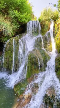 scenic waterfall flowing down mossy rocks in a lush green forest