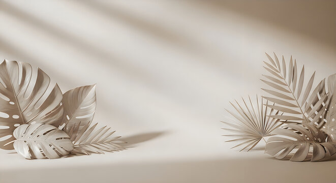 Minimalist product display podium with dried tropical palm leaves and soft sunlight shadows on a neutral beige background wall